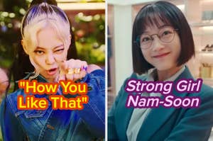 Jennie from BLACKPINK facing forward with a playful expression and pointing, next to a character from "Strong Girl Nam-Soon" smiling at the camera