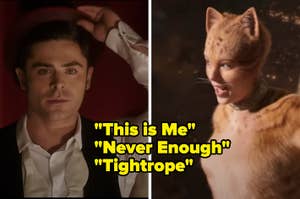 Zac Efron and Taylor Swift in a split image. Text overlay lists songs: "This is Me," "Never Enough," and "Tightrope."