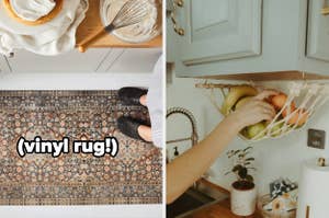 A kitchen counter with a whipped topping bowl beside a whisk on the left, and a hand reaching for fruit from a hanging basket on the right. Text: "vinyl rug!"