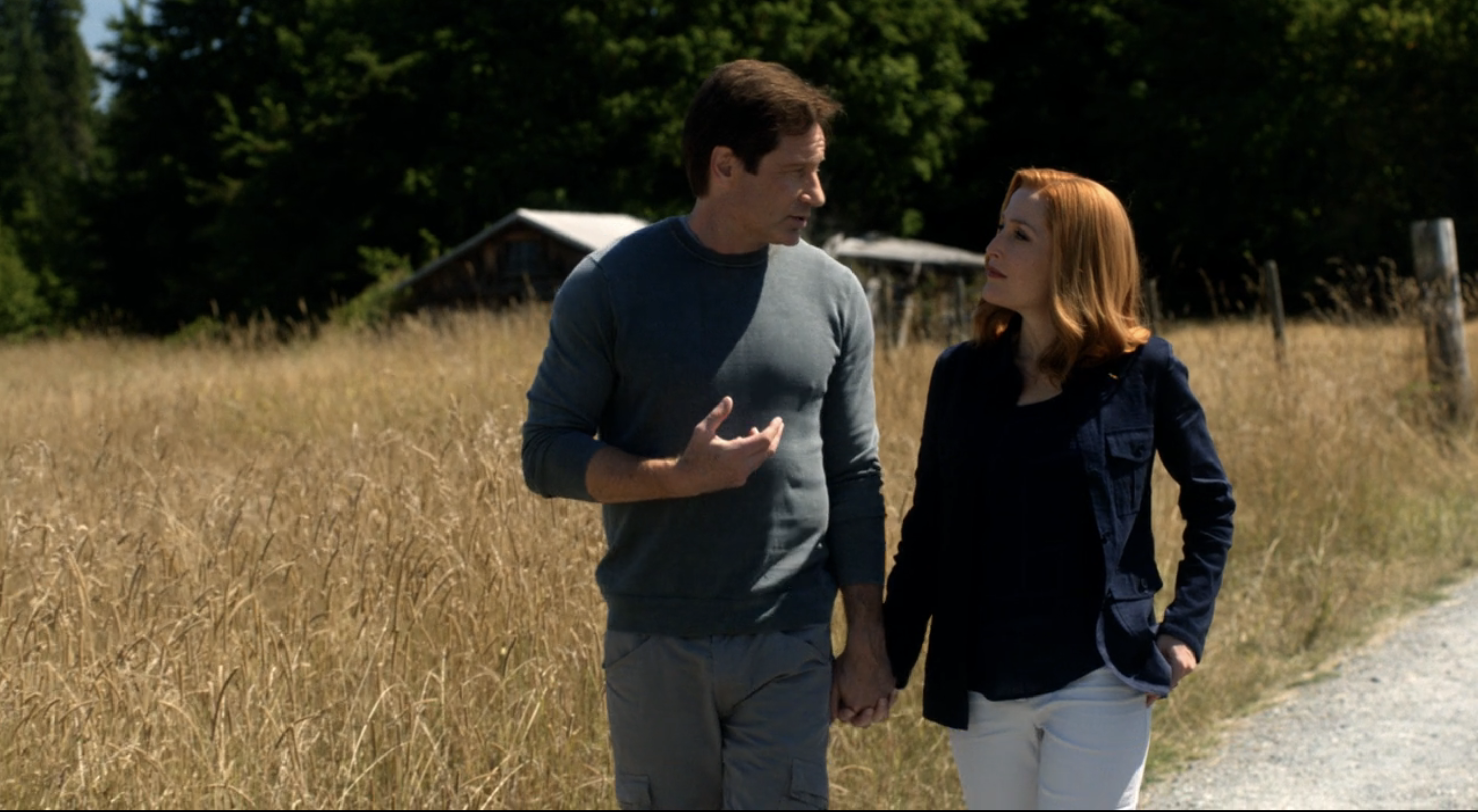 David Duchovny and Gillian Anderson walking hand-in-hand on a gravel path, wearing casual outfits, with a rustic building and tall grass in the background