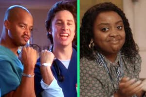 Donald Faison and Zach Braff in "Scrubs;" Quinta Brunson in "Abbott Elementary"