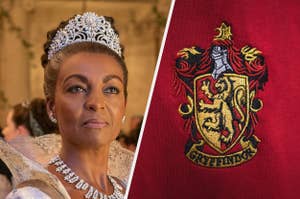 Adjoa Andoh in a regal dress and tiara next to a Gryffindor crest from Harry Potter