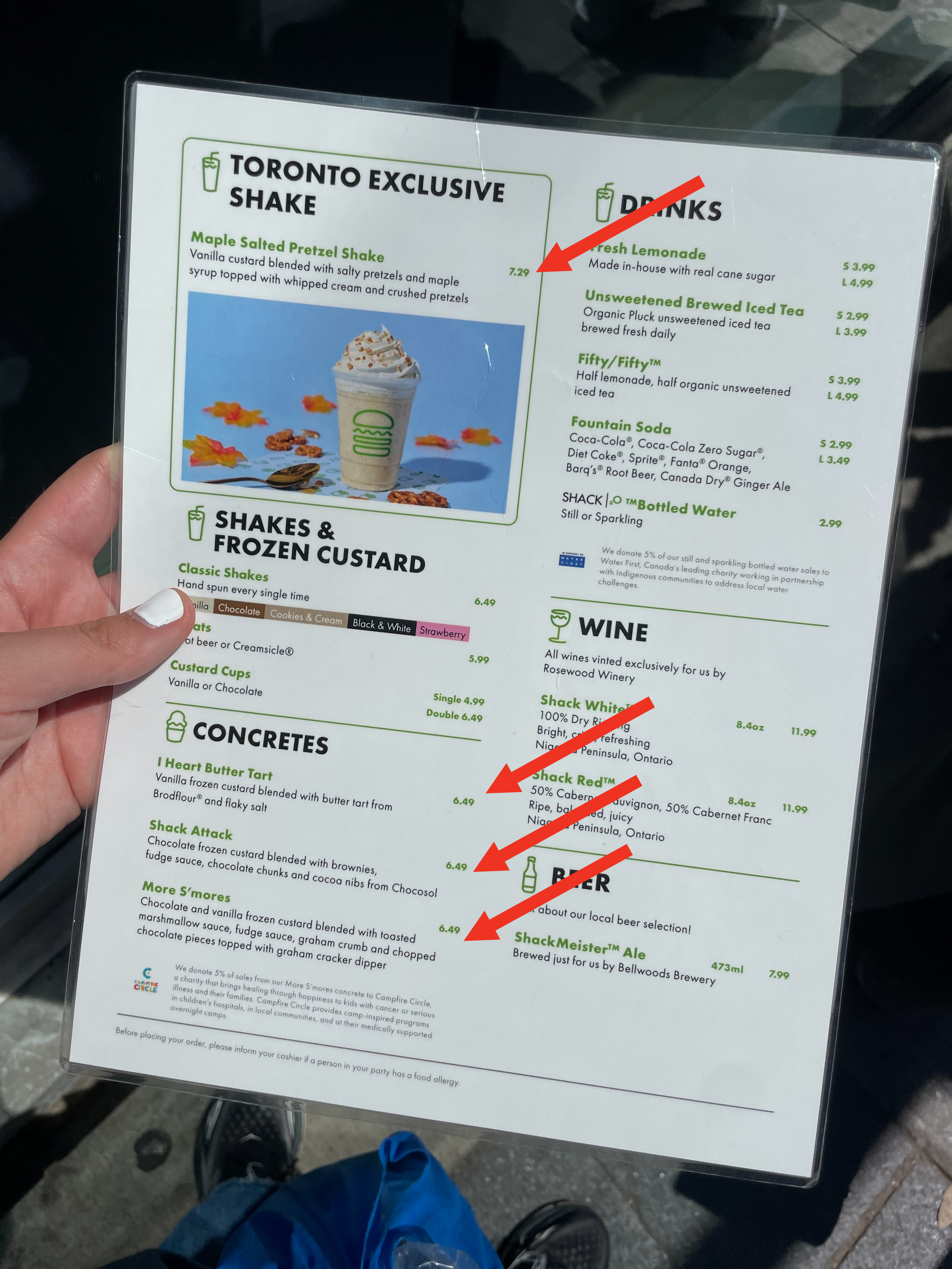 Menu from Shake Shack featuring Toronto Exclusive Shake, classic shakes, custard concretes, drinks, lemonade, beer, and a kid&#x27;s section