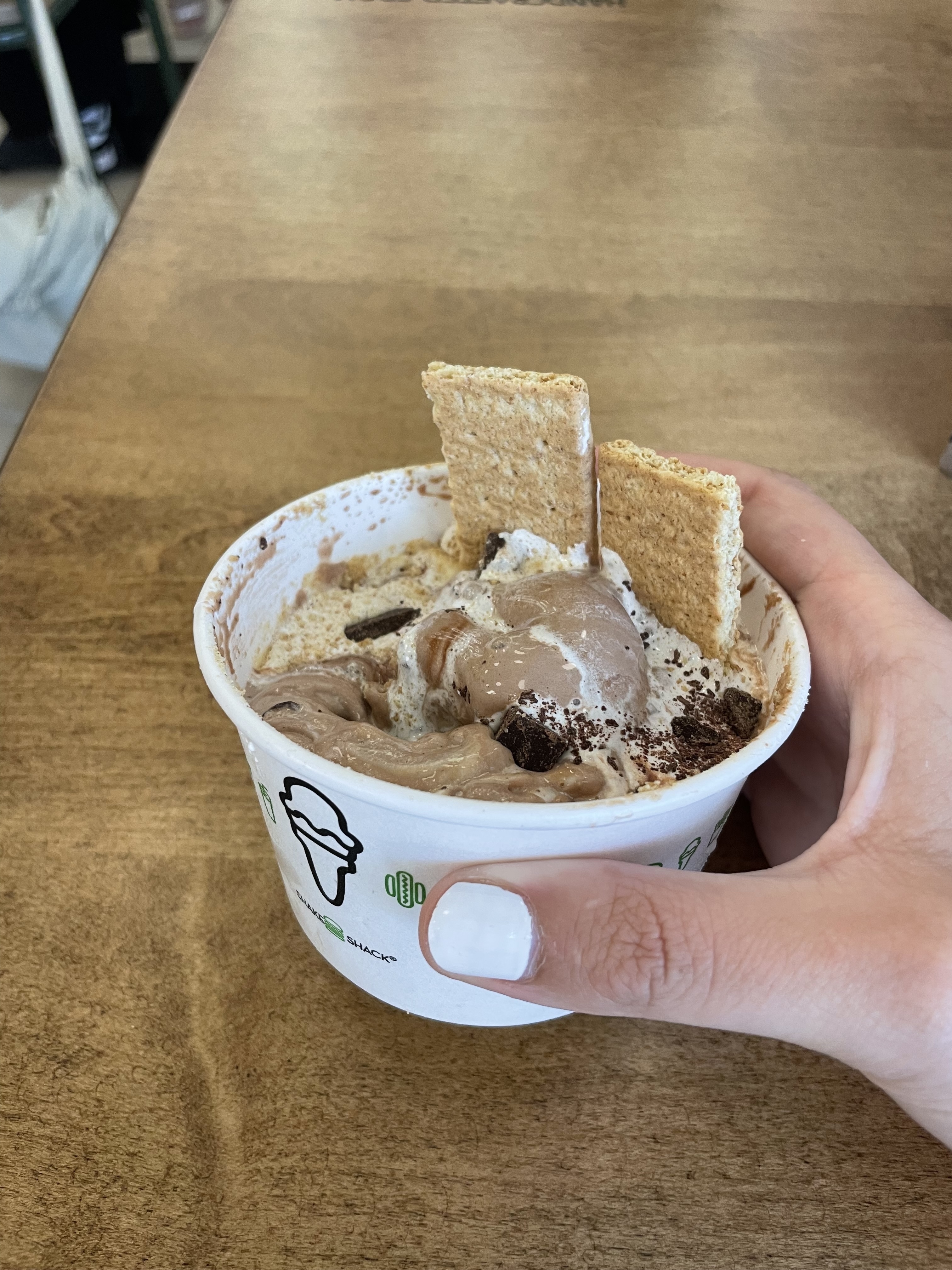 Hand holding a cup of chocolate ice cream with graham crackers and whipped cream on top, served in a Shake Shack cup
