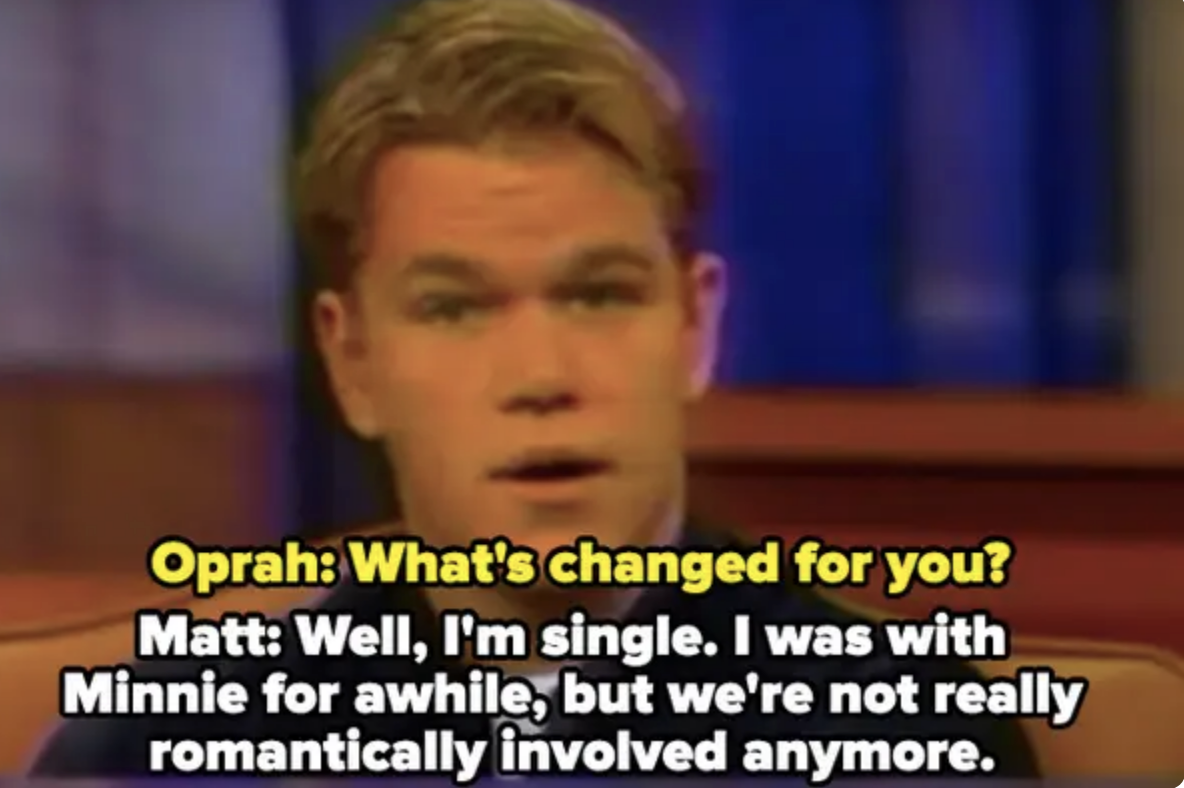 Matt Damon being interviewed by Oprah Winfrey, discussing his relationship status and revealing he&#x27;s no longer romantically involved with Minnie Driver