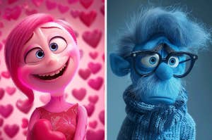 Joy and Sadness from Inside Out, with Joy smiling enthusiastically against a background of hearts and Sadness looking melancholic in a sweater, glasses on
