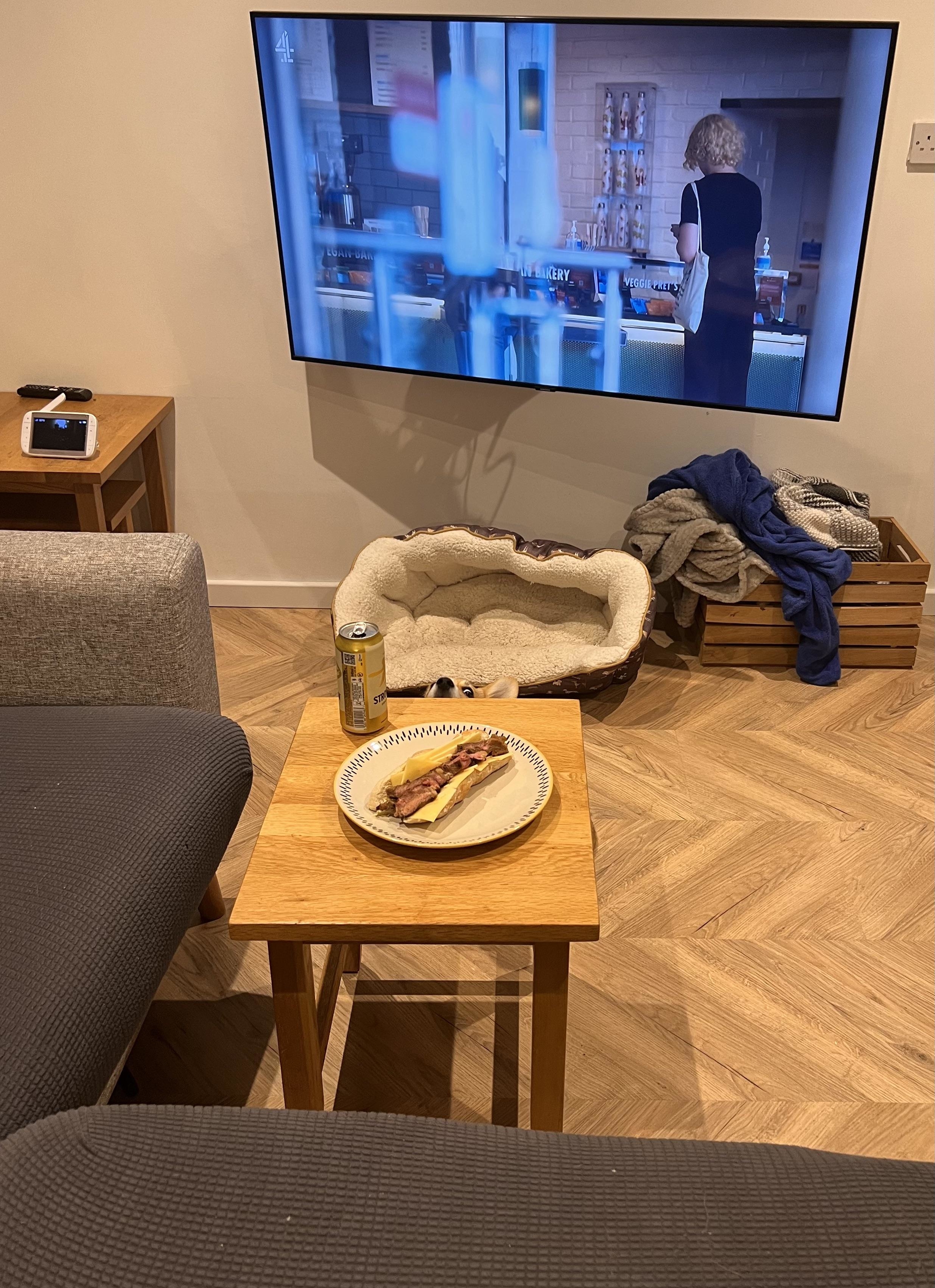 A living room scene with a sandwich on a plate on a coffee table, a dog bed, and a TV showing a woman in a black dress. No visible celebrities