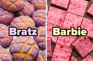 Pan de color morado a la izquierda con la palabra "Bratz" y postre de color rosa a la derecha con la palabra "Barbie"