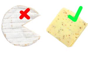 Left: Circular cheese with a red 'X' mark, missing a slice. Right: Square cheese slice with herbs, green check mark