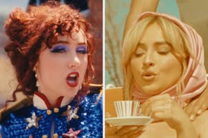 Chappell Roan in a sequined jacket with star motifs and curled hair; Sabrina Carpenter wearing a headscarf, blowing on a teacup