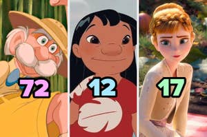 Parker (Up), Lilo (Lilo & Stitch) y Anna (Frozen) con números 72, 12 y 17 superpuestos