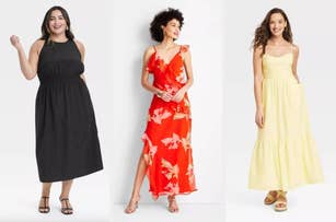 Three women modeling summer dresses. The first wears a black sleeveless midi dress, the second a red floral wrap maxi dress, and the third a yellow strapless maxi dress