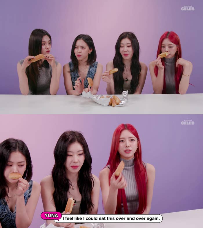 Yuna, Lia, Ryujin, Chaeryeong, and Yeji from Itzy enjoy food together at a table. Yuna says, &quot;I feel like I could eat this over and over again&quot;