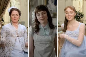 Ruth Gemmell, Claudia Jessie, and Phoebe Dynevor in period costumes from Bridgerton. Ruth wears a pearl necklace and gloves, Claudia has a lace headband, and Phoebe is in a lace dress