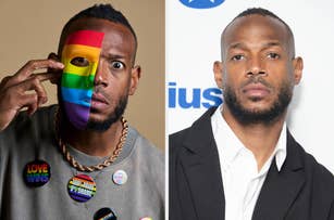 Marlon Wayans on the left holds a rainbow mask over half his face, wearing a "Love Wins" button. On the right, he dons a black jacket, white shirt, and blank expression