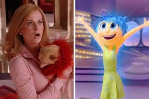 Amy Poehler holding a dog with a fluffy collar on the left, Joy from Inside Out with arms raised on the right