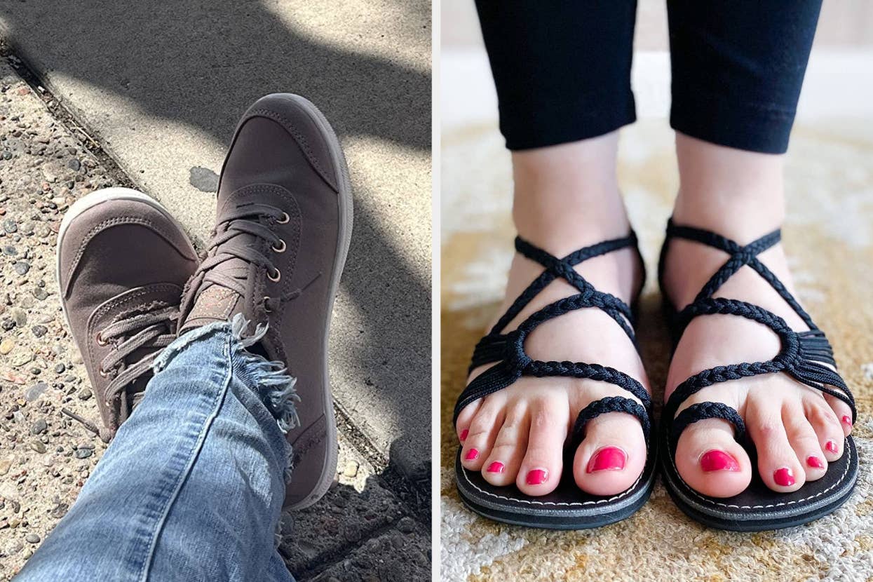 Side-by-side comparison of two pairs of shoes: casual sneakers with jeans on the left and strappy black sandals with painted toenails on the right