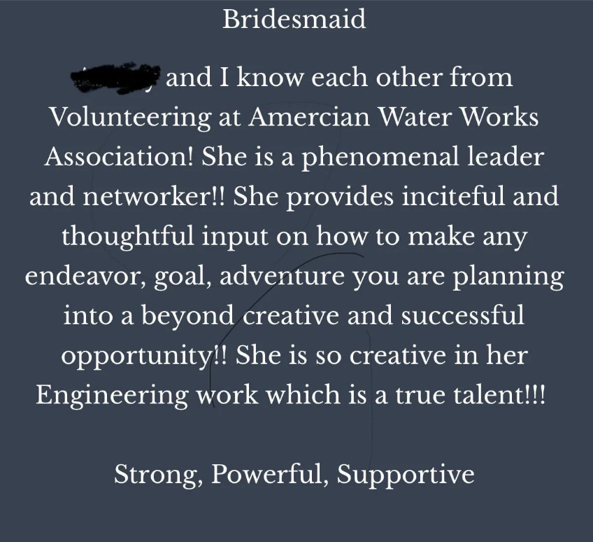 A text image titled &quot;Bridesmaid&quot; describing a person&#x27;s exceptional leadership, networking skills, and creative contributions in engineering. Phrases: &quot;Strong, Powerful, Supportive.&quot;