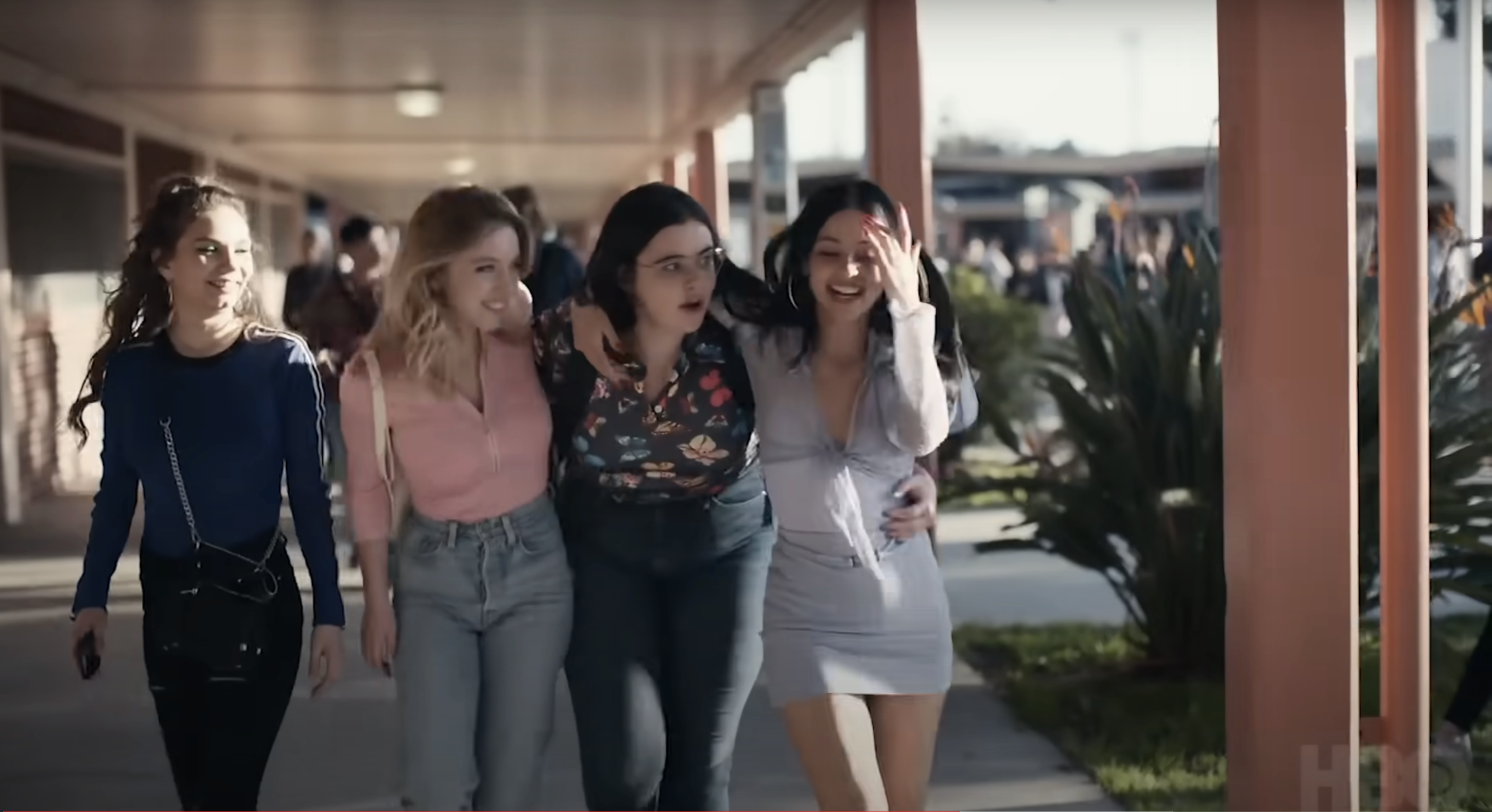 Four friends from HBO&#x27;s Euphoria walk down a school hallway.