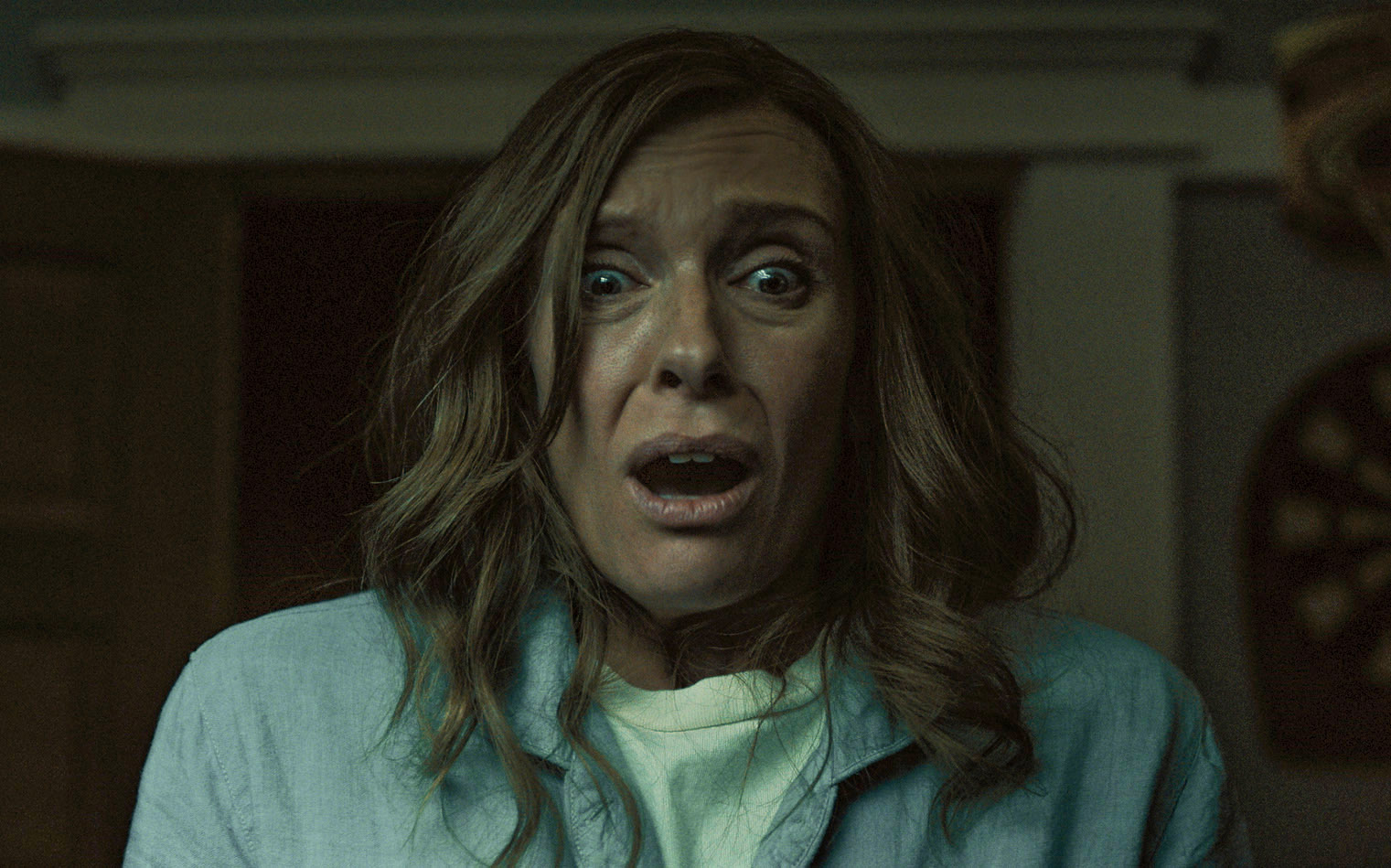 Toni Collette looks shocked and terrified in a scene from the movie &quot;Hereditary&quot;