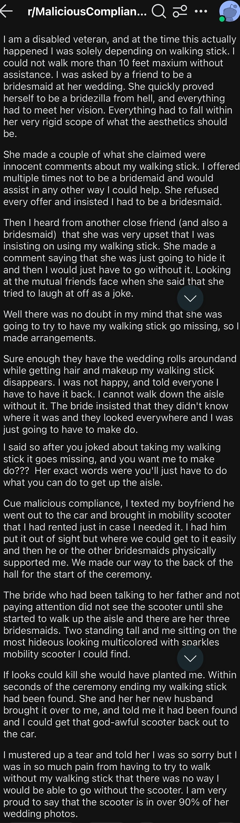 A Reddit post on r/MaliciousCompliance recounting how the author, who requires a mobility scooter, complied with an airline’s demand to check in the scooter, ultimately causing major inconvenience to the airline