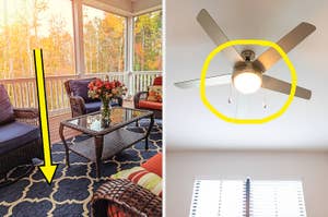 Left: Cozy porch with rattan chairs, floral centerpiece on a glass table. Right: Ceiling fan with light in a room; an arrow points between the images