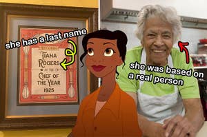 Framed award for Tiana Rogers as Chef of the Year 1925, Tiana from "The Princess and the Frog," and an elderly woman in a kitchen with short gray hair, wearing a green shirt and apron