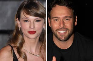 Taylor Swift and Scooter Braun are posing for individual headshots. Taylor is wearing a chic outfit with earrings and a necklace, while Scooter is in a casual shirt