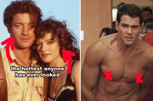 Brendan Fraser dressed in a vest standing next to Rachel Weisz in a corset with an overlaid caption, "the hottest anyone has ever looked," next to shirtless Taylor Lautner