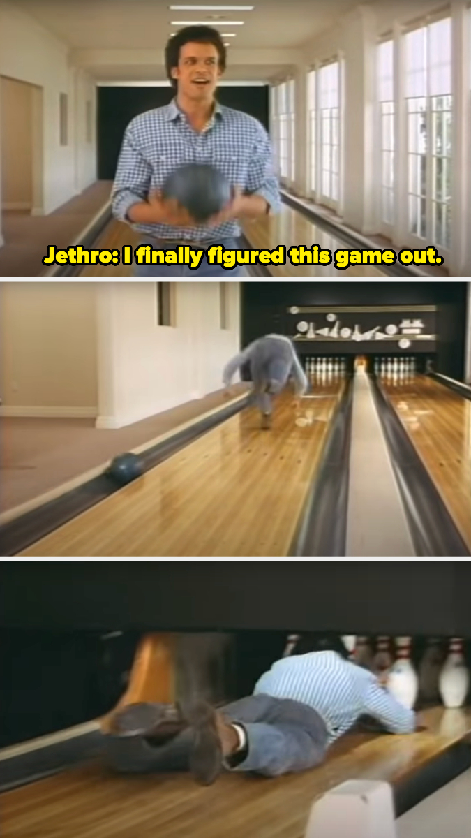 Three images of Jethro, a character from &quot;The Beverly Hillbillies,&quot; attempting to bowl, ending up falling and sliding down the lane. Text: &quot;Jethro: I finally figured this game out.&quot;