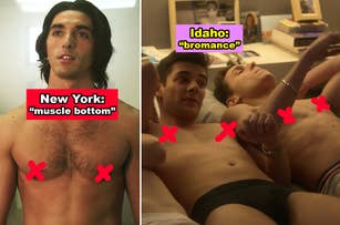 On the left, a shirtless man labeled "New York: muscle bottom." On the right, two shirtless men in bed, labeled "Idaho: bromance."