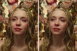 Sydney Sweeney with tears on her face and wet hair, standing in front of a floral background