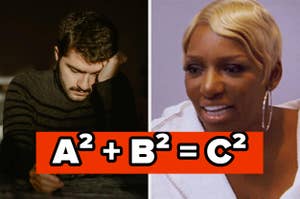 A divided image features a man with his head resting on his hand on the left, and NeNe Leakes smiling on the right, with "A² + B² = C²" in bold text in the center