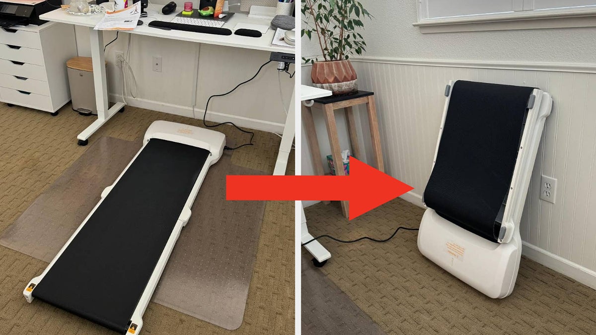 A foldable treadmill shown in both its flat and upright positions, indicating space-saving storage options for home or office use