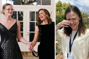 Angourie Rice in a patterned dress and Jennifer Garner in a sleek black dress, smiling and holding hands. Jennifer Garner wiping a tear in a separate outdoor scene