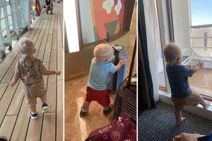 Three photos of a toddler walking in different locations: a deck, near a suitcase indoors, and by a large window