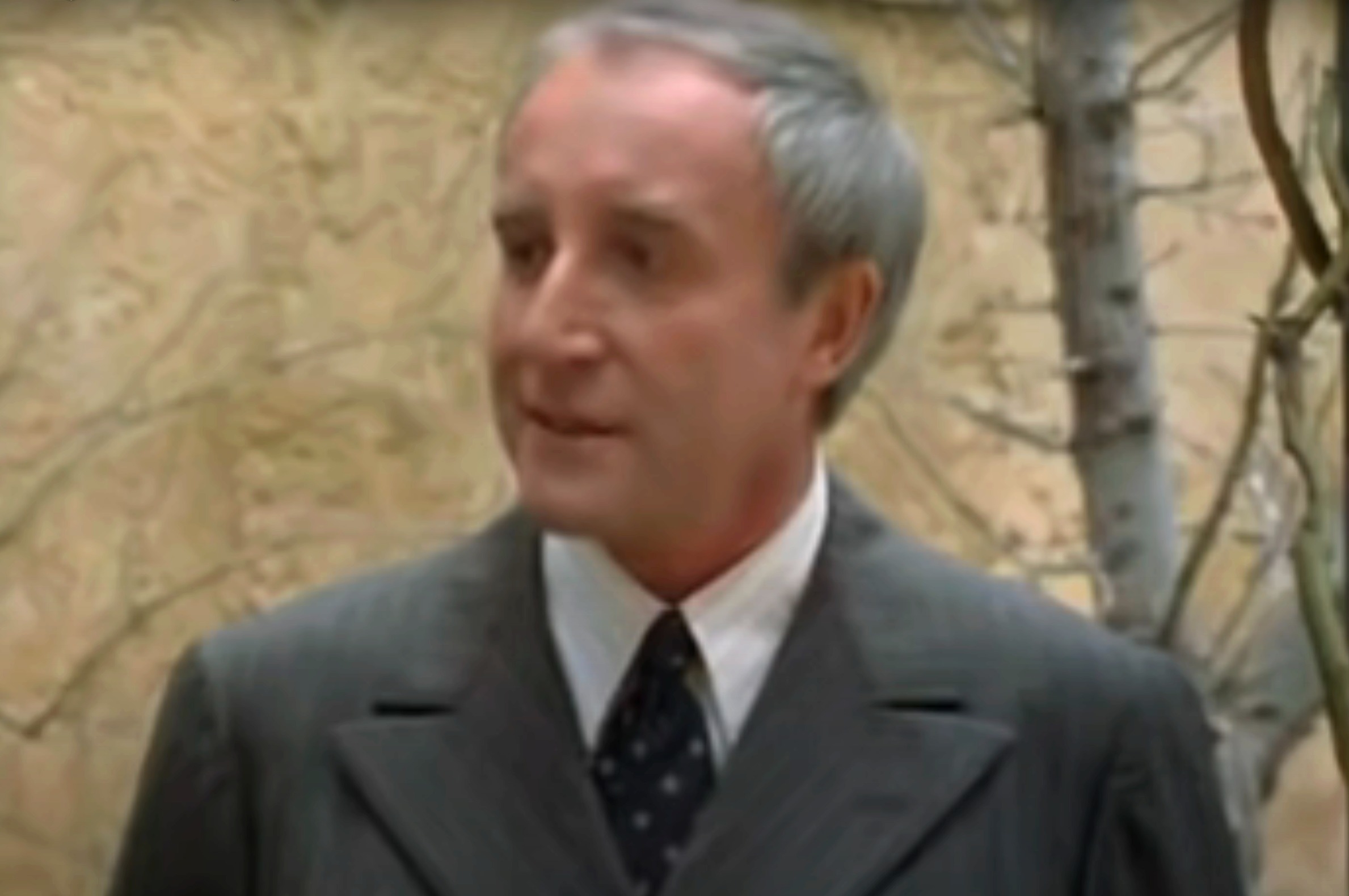 Peter Sellers wearing a formal suit and tie, standing outdoors against a backdrop with trees