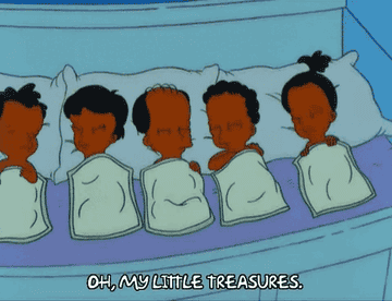 Characters from The Simpsons, Ling, Gerald, Maggie, an unidentified baby, and Baby Gerald, are sleeping while wrapped in blankets. Text reads: &quot;Oh, my little treasures.&quot;