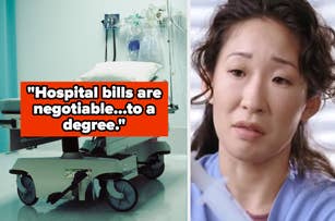 A hospital bed is shown with a quote, "Hospital bills are negotiable...to a degree." Beside it is a close-up of a concerned woman in medical scrubs