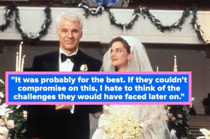 Steve Martin and Kimberly Williams-Paisley stand arm in arm at the altar in a wedding scene. Martin wears a black tuxedo; Williams-Paisley, a bridal gown and veil