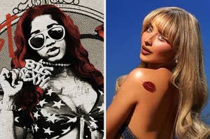 Split image: Left, illustration of Saweetie with "Big Sexy" necklace and sunglasses. Right, promotional photo of Kim Kardashian with lipstick mark on shoulder