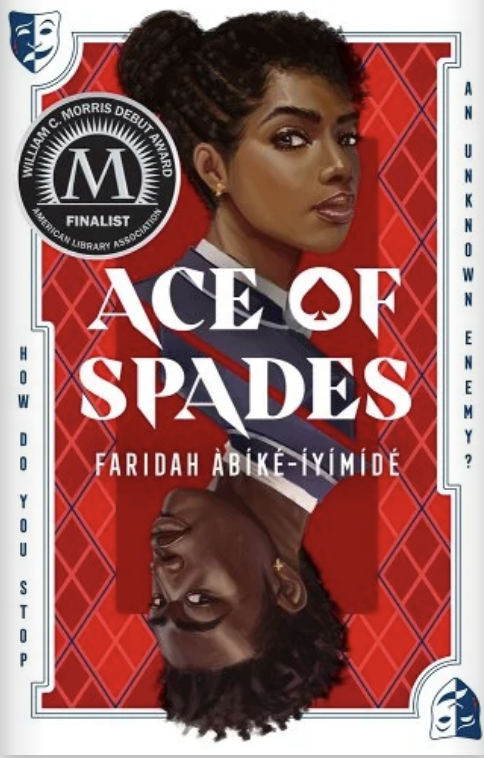 Cover of the book &quot;Ace of Spades&quot; by Faridah Àbíké-Íyímídé, showcasing two characters, each facing opposite directions, with surrounding text emphasizing its finalist award status