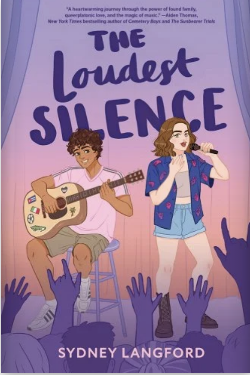 Book cover for &quot;The Loudest Silence&quot; by Sydney Langford. Features two animated characters, one playing a guitar and the other singing, with an audience&#x27;s hands raised
