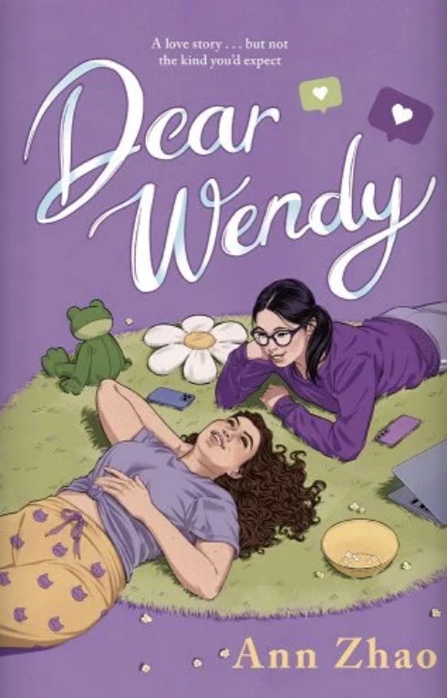 Cover of the book &quot;Dear Wendy&quot; by Ann Zhao. Two characters lie on a grassy area: one with curly hair, the other with glasses and a laptop