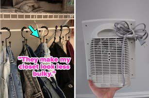 Close-up of closet space with jeans hung on single thick hangers and a person holding a white space heater