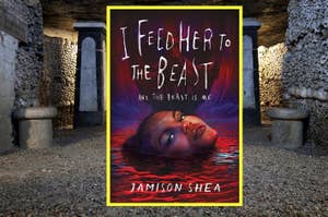 Book cover for "I Feed Her to the Beast and the Beast Is Me" by Jamison Shea, featuring a person's face emerging from a liquid background, over background image of Paris Catacombs