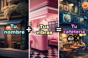 Tres imágenes de cafeterías con estilos diferentes. Texto: "Tu nombre + Tus vibras = Tu cafetería."