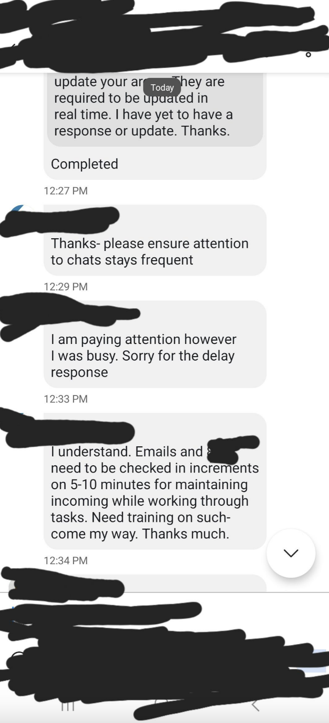 Text conversation about updating chats and maintaining incoming communication timely; mentions need for training on incoming tasks