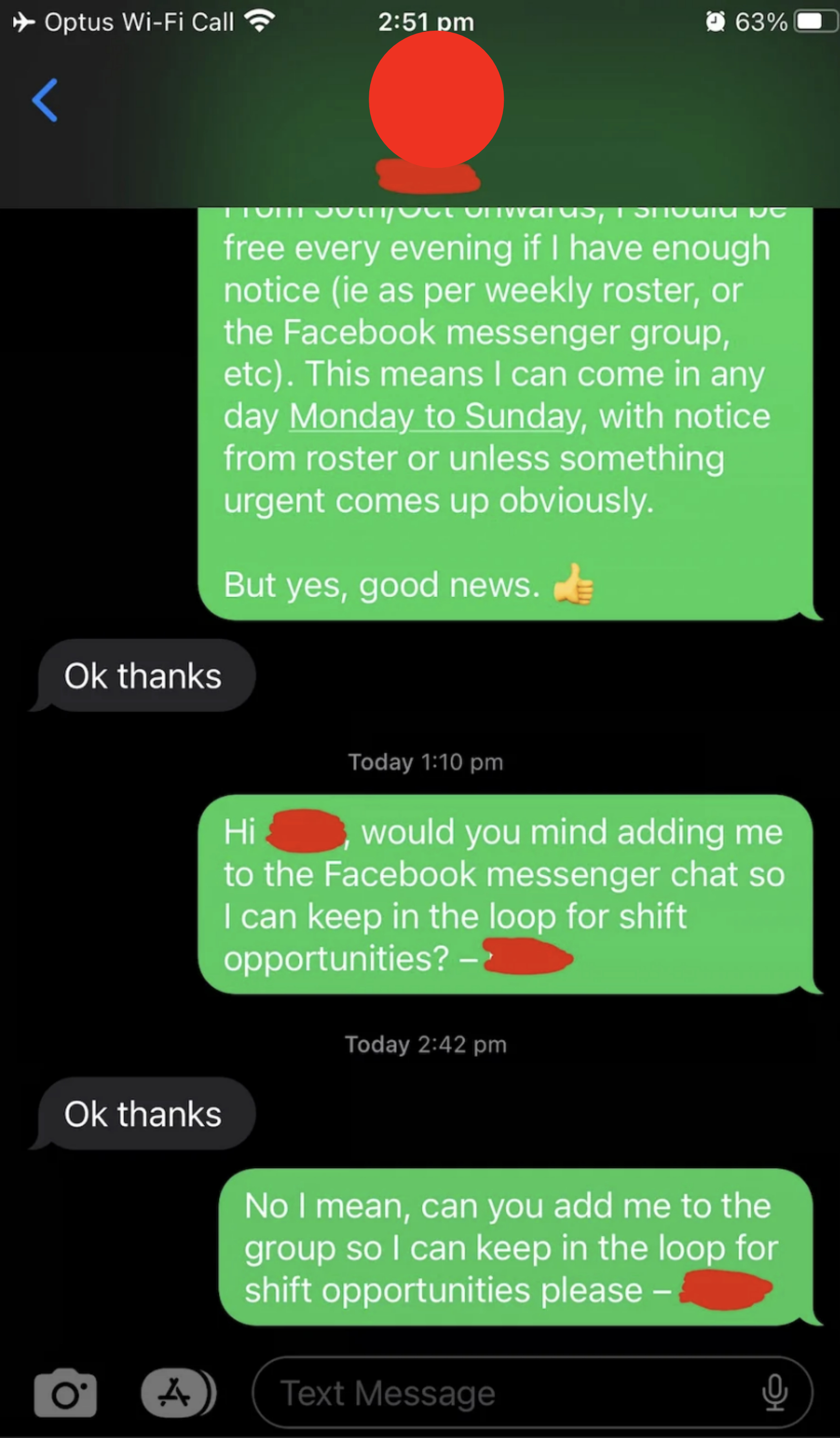 Text conversation about adding a person to a Facebook Messenger chat for shift opportunities, with the question repeated due to lack of clarity