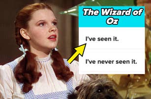 Dorothy from The Wizard of Oz, played by Judy Garland, looking surprised. Next to her is a poll with options: "I've seen it" and "I've never seen it."